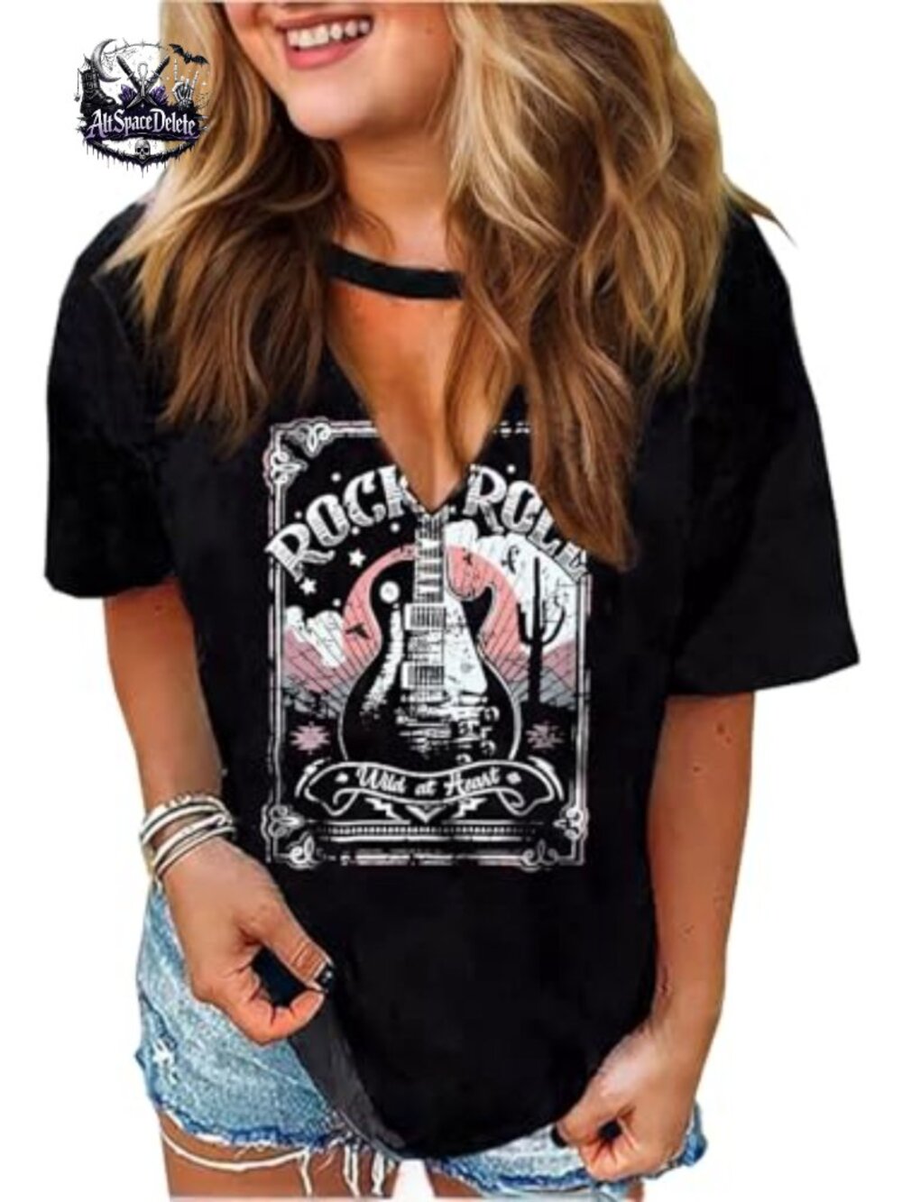 Vintage Concert Rock Band T-Shirt Criss-Cross Hollow Out V-Neck Short Sleeve Top
